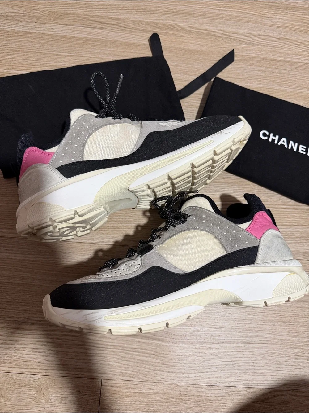 CHANEL Black, White & Pink Tennis Shoes With 2 Dustbags For Each Shoe